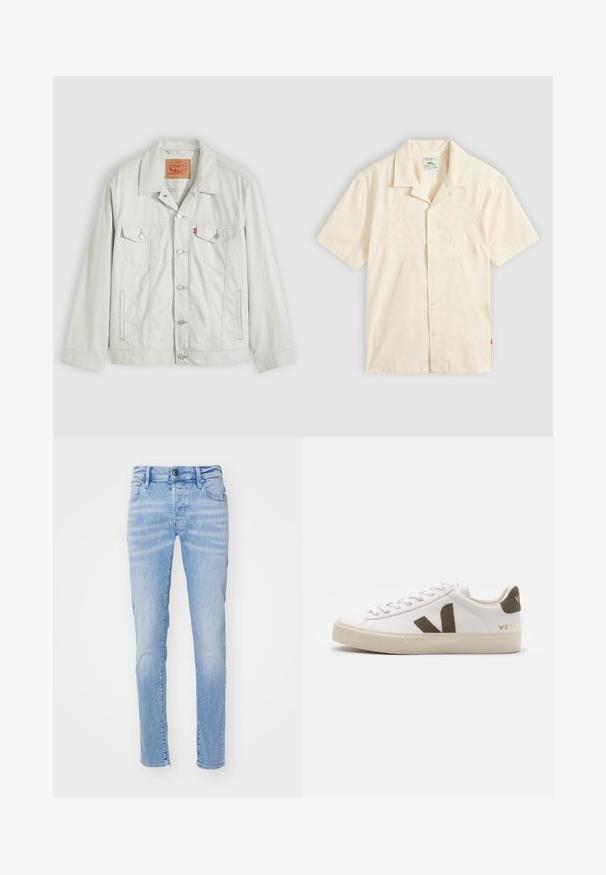 Lysegrå knap-op denimjakke med krave, forlommer med klap, sidelommer og Levi's logo-tag på brystlommen.; Kortærmet, cremefarvet skjorte med knapper og subtil blomsterbroderi foran samt en camp-krave, lagt fladt på en grå baggrund.; Lysblå denim jeans med slim fit, der har et fem-lomme design, bæltestropper og en knaplukning. Stoffet har en blød tekstur.; Hvide læder sneakers med en lys beige gummisål. Har en brun ruskinds V-logo og hælflap. Snørret lukning med en struktureret overflade.