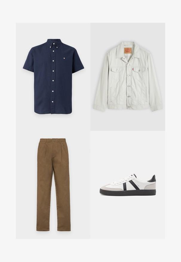 Helehall nuppudega teksajope kraega, esitelgedega taskud, küljetaskud ja Levi'si logo sild rinnataskul.; Lühikeste varrukatega tumesinine puuvillane särk, millel on nööpidega kaelus, esised nööbid ja rindkeres väike tikitud logo.; Pruunid puuvillased püksid sirge lõikega, ühemugaviku kinnitusega, vööd loopsudega ja teravate õmblustega ees.; Valged tossud mustade ja hallide aktsentidega, tekstureeritud halli varbakattega, musta kummitald ja lamedad valged paelad. Puhtad jooned, minimalistlik stiil.