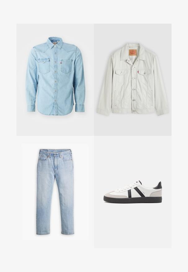 Veste en denim gris clair à boutons, avec col, poches à rabat sur le devant, poches latérales, et étiquette du logo Levi's sur la poche de poitrine.; Chemise en denim bleu clair à manches longues avec un col pointu, deux poches poitrine, des boutons-pression argentés et des coutures contrastées. Texture lisse.; Jean en denim bleu clair avec une coupe droite, style cinq poches et coutures contrastantes. Fermeture à bouton et à glissière à la taille.; Baskets blanches avec des accents noirs et gris, présentant un embout texturé gris, une semelle en caoutchouc noir et des lacets plats blancs. Design épuré, style minimaliste.