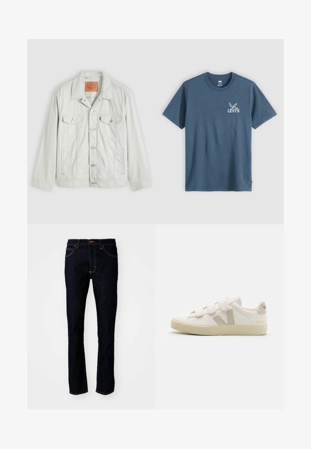 Helehall nuppudega teksajope kraega, esitelgedega taskud, küljetaskud ja Levi'si logo sild rinnataskul.; Tumesinine Levi's lühikeste varrukatega T-särk, millel on valge kotkas ja Levi'si logo vasakul rinnal.; Lee LUKE - Liibuvad teksad - rinse raine; Valged nahast spordijalatsid, millel on Velcro rihmad, beežid aktsendid, ümar varvas, tekstuuriga kummitald ja reljeefne logo. Minimaalses stiilis.