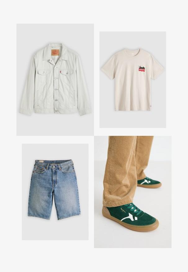 Lysegrå knap-op denimjakke med krave, forlommer med klap, sidelommer og Levi's logo-tag på brystlommen.; Beige kortærmet T-shirt med lille rødt Levi's-logo og grønt bladmotiv på venstre bryst.; Lyseblå denimshorts med klassisk snit. Har fem lommer, orange stikninger og rå skærmkanter.; Grønne svineder sko med hvide accenter og grønne snørebånd. Gummisål, rund tå og tan detaljer på hælen. Båret med fløjl bukser.