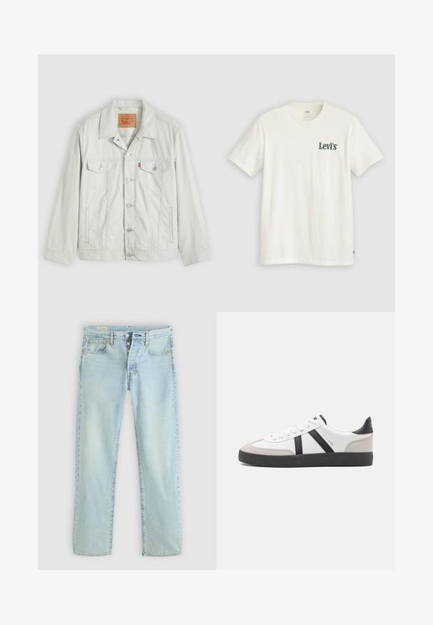 Veste en denim gris clair à boutons, avec col, poches à rabat sur le devant, poches latérales, et étiquette du logo Levi's sur la poche de poitrine.; T-shirt blanc à manches courtes avec le logo "Levi's" vert sur la poitrine gauche et une petite étiquette rouge Levi's en bas à droite.; Jeans en denim bleu clair avec une coupe droite, cinq poches, braguette à boutons et décoloration subtile. Présente des détails de couture et des rivets en cuivre.; Baskets blanches avec des accents noirs et gris, présentant un embout texturé gris, une semelle en caoutchouc noir et des lacets plats blancs. Design épuré, style minimaliste.