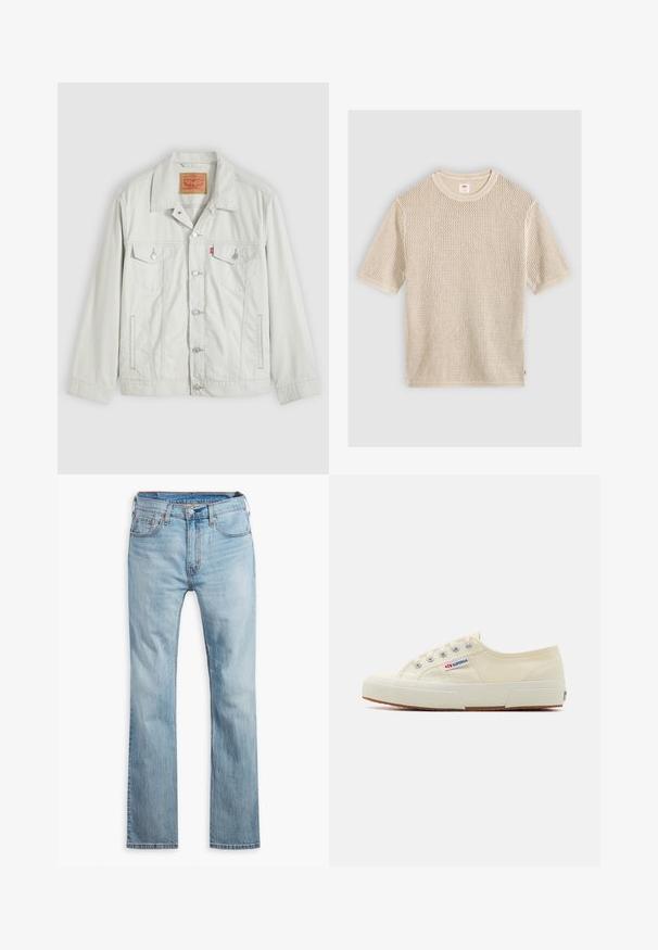 Lichtgrijs denimjack met knopen, kraag, klepzakken aan de voorkant, zijzakken en Levi's-logo op het borstzakje.; Beige gebreide trui met korte mouwen en een ronde hals met een gestructureerd opengeweven patroon, plat gelegd op een lichte achtergrond.; Lichtblauwe denim jeans, rechte pijpen, met vijf zakken, contrasterende stiksels en een knoopsluiting bij de tailleband.; Beige canvas sneaker met een laag profiel, metalen oogjes en rubberen zool. Beschikt over een textuurpatroon en logodetail aan de zijkant.