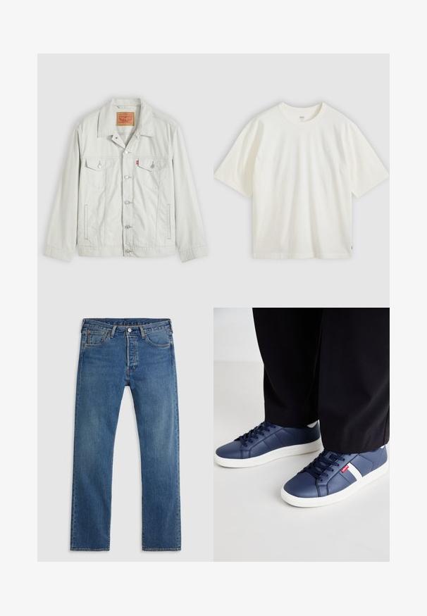 Chaqueta vaquera de mezclilla gris claro con botones, cuello, bolsillos delanteros con solapa, bolsillos laterales y etiqueta del logo de Levi's en el bolsillo del pecho.; Camiseta blanca de manga corta hecha de algodón. Cuello redondo, ajuste relajado, marca sutil en el pecho y una etiqueta roja en el dobladillo.; Vaqueros de mezclilla azul de pierna recta con cinco bolsillos, presillas para el cinturón y un cierre frontal con botón y cremallera sobre un fondo liso.; Zapatillas de deporte azul marino hechas de material sintético suave, con acentos blancos y una suela de goma texturizada. Cordones y marca visibles.