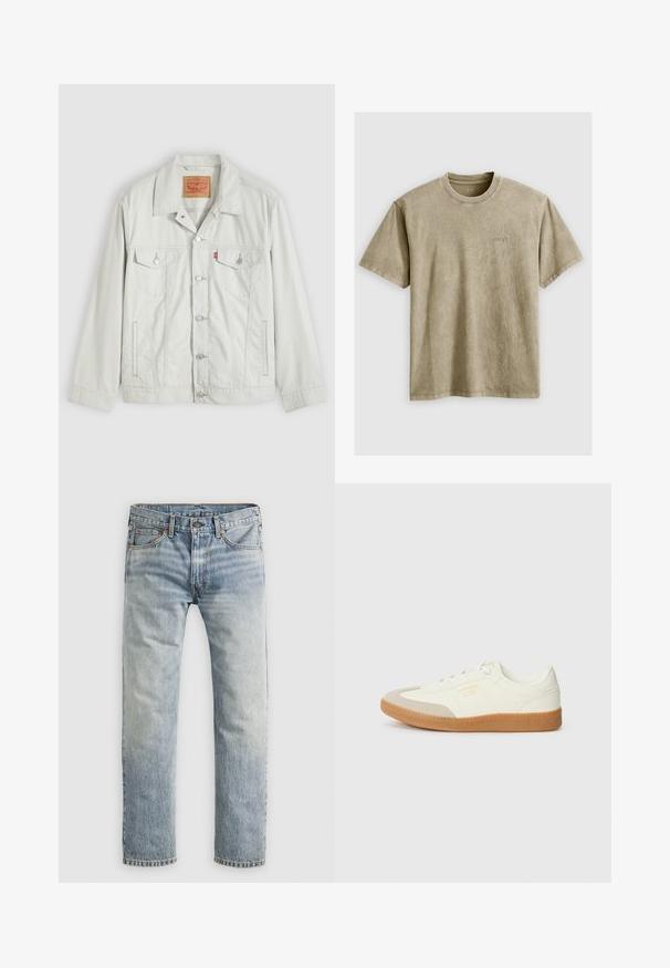 Hellgraue Knopf-Denimjacke mit Kragen, vorderen Klappentaschen, Seitentaschen und Levi's-Logoschild an der Brusttasche.; Helles braunes T-Shirt mit kurzen Ärmeln und Rundhalsausschnitt, aus weichem Stoff gefertigt. Verfügt über ein kleines, gesticktes Logo auf der Brust.; Hellblaue gerade geschnittene Jeans mit Knopfverschluss, Fronttaschen und Gürtelschlaufen, flach auf weißem Hintergrund präsentiert.; Sneaker aus weißem Leder mit einer beigen Zehenkappe und leichter brauner Gummisohle. Verfügt über flache weiße Schnürsenkel und geprägtes Branding an der Seite.