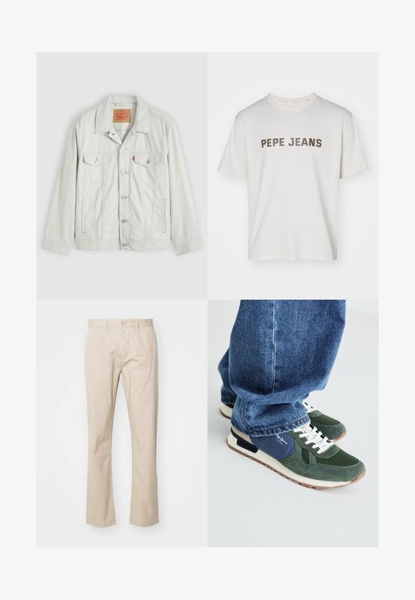 Chaqueta vaquera de mezclilla gris claro con botones, cuello, bolsillos delanteros con solapa, bolsillos laterales y etiqueta del logo de Levi's en el bolsillo del pecho.; Camiseta de algodón blanca con la inscripción "PEPE JEANS" en letras marrones negritas en el pecho. Cuello redondo estándar y mangas cortas.; Chinos de algodón beige con un diseño de pierna recta, que cuentan con un cierre de botón y pliegues sutiles para dar textura. Tela suave y líneas limpias.; Zapatillas verdes y navy con detalles de malla y ante, cordones blancos y suela beige. Llevadas con jeans de mezclilla azules, mostrando la zona del tobillo.