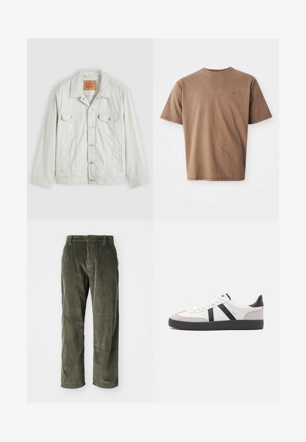 Lichtgrijs denimjack met knopen, kraag, klepzakken aan de voorkant, zijzakken en Levi's-logo op het borstzakje.; Bruine katoenen t-shirt met ronde hals, korte mouwen en een discreet geborduurd logo op de linkerborst. Soepele structuur, relaxte pasvorm.; Olijfgroene corduroy broek met verticale ribbels, voorzien van een knoopsluiting en een rechte pijp. Zachte textuur met een klassieke pasvorm.; Witte sneaker met zwarte en grijze accenten, voorzien van een grijze neus met textuur, zwarte rubberen zool en platte witte veters. Schoon ontwerp, minimalistische stijl.