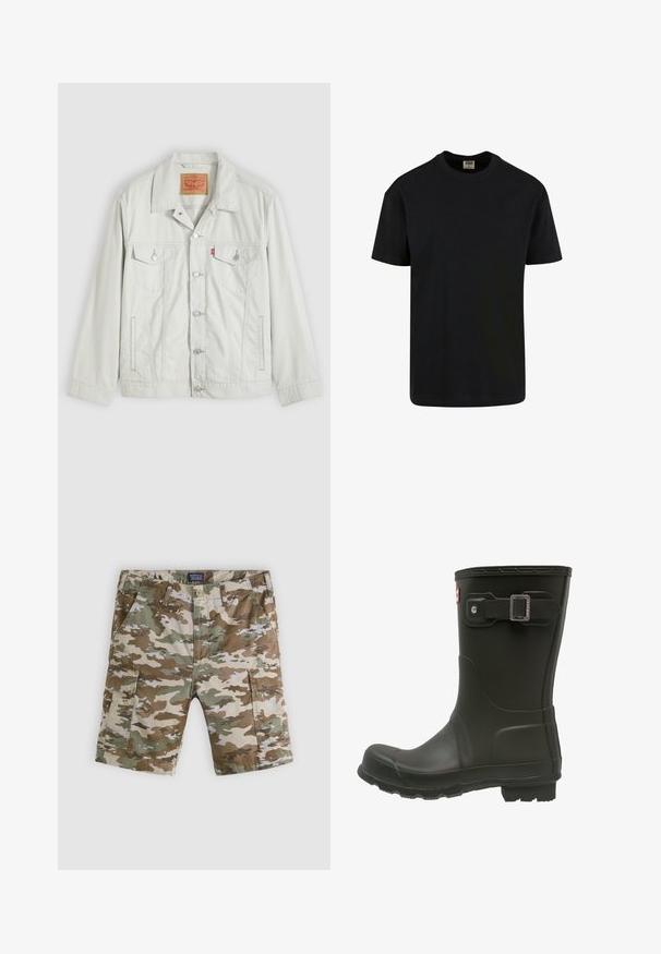 Veste en denim gris clair à boutons, avec col, poches à rabat sur le devant, poches latérales, et étiquette du logo Levi's sur la poche de poitrine.; Urban Classics SHORTSLEEVE - T-shirt basique - black; Shorts cargo camouflage avec passants pour ceinture, poches latérales et fermeture par boutons, présentés sur un fond gris clair.; Botte de pluie en caoutchouc noir avec un bout arrondi, une sangle boucle au-dessus et une semelle texturée pour une meilleure adhérence.