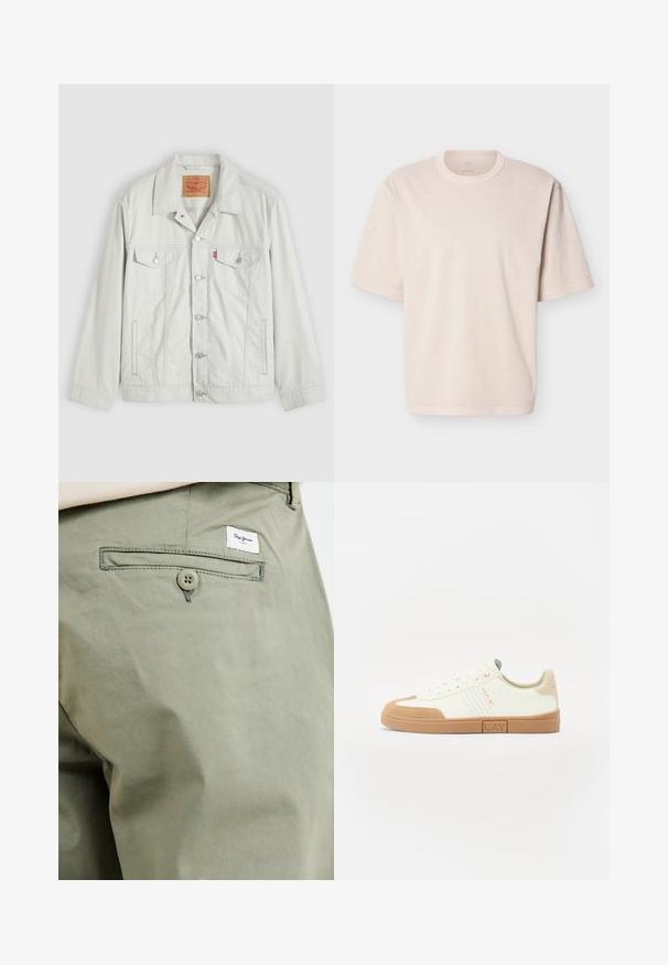 Lichtgrijs denimjack met knopen, kraag, klepzakken aan de voorkant, zijzakken en Levi's-logo op het borstzakje.; Beige oversized T-shirt met korte mouwen, ronde hals en eenvoudige stiknaden, plat uitgestald op een witte achtergrond.; Licht olijfgroene katoenen broek met een achterzak, voorzien van een knoopsluiting en een klein merkembleem dat boven de zak is gestikt.; Witte sneakers met tan suède accenten, ronde neus, geperforeerde zijpanelen, vetersluiting en een rubberen zool met een merklabel.