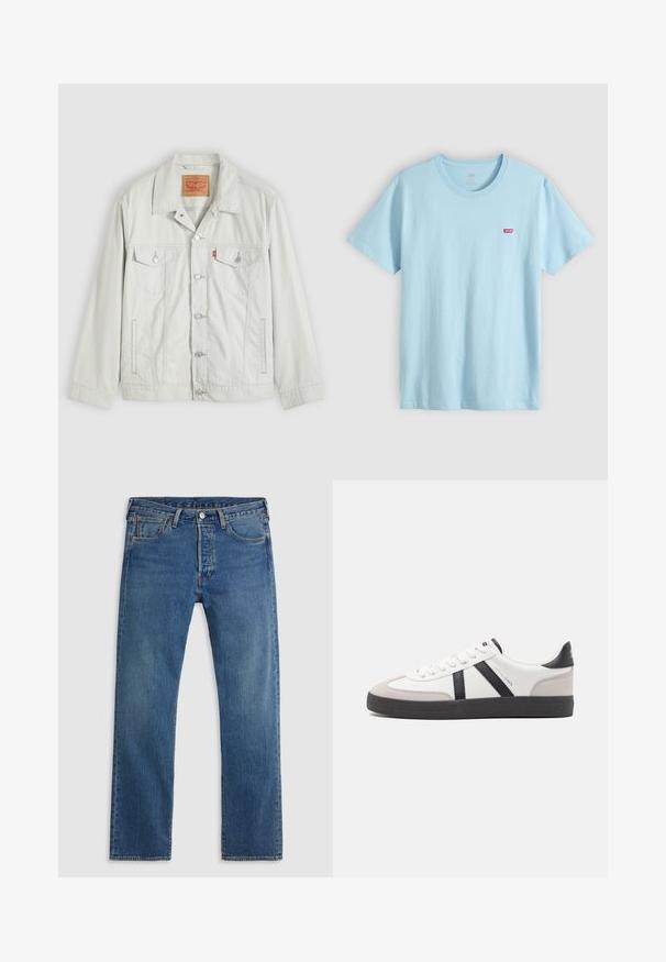 Lysegrå knap-op denimjakke med krave, forlommer med klap, sidelommer og Levi's logo-tag på brystlommen.; Lyseblå T-shirt med korte ærmer og rund halsudskæring med lille rødt Levi's-logo på venstre bryst.; Blå straight-leg denimjeans med fem lommer, bæltestropper og lukning med knap og lynlås foran på en ensfarvet baggrund.; Hvide sneakers med sorte og grå detaljer, med en tekstureret grå tåhætte, sort gummisål og flade hvide snørebånd. Rent design, minimalistisk stil.