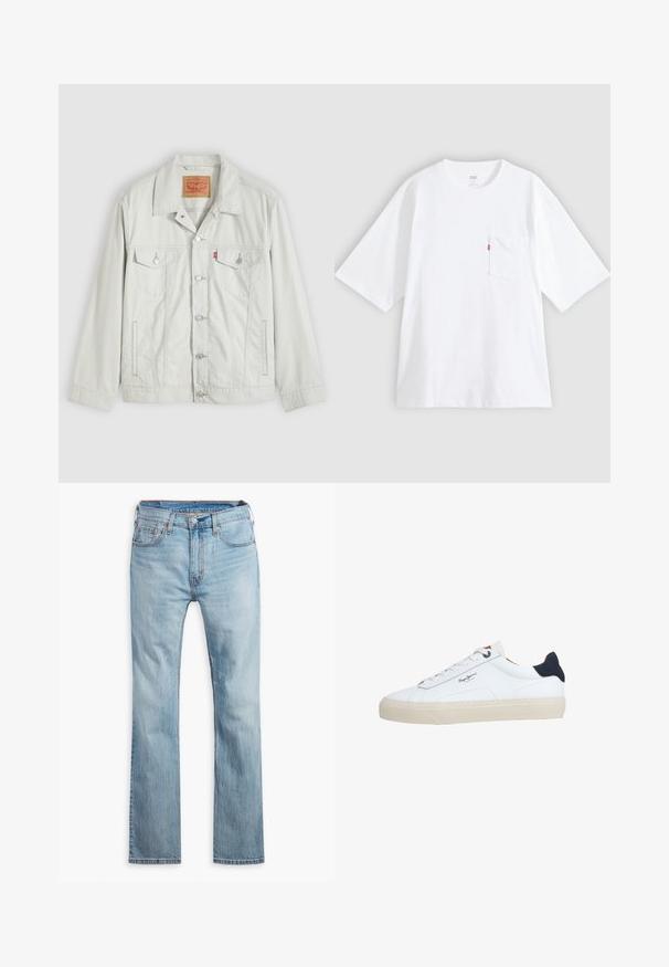Hellgraue Knopf-Denimjacke mit Kragen, vorderen Klappentaschen, Seitentaschen und Levi's-Logoschild an der Brusttasche.; Weißes Baumwoll-T-Shirt mit kurzen Ärmeln, rundem Ausschnitt und Brusttasche auf der linken Seite. Mit kleinem rotem Logotag an der Tasche.; Hellblaue Jeans aus Denim, mit geradem Bein, fünf Taschen, kontrastierenden Nähten und einem Knopfverschluss am Bund.; Weißer Sneaker in niedriger Schnittform mit beiger Sohle, weißen Schnürsenkeln, schwarzem Fersenlasche und dem "Pepe Jeans London"-Logo an der Seite.
