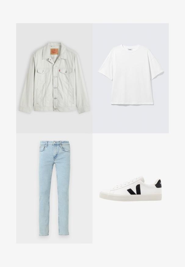 Lichtgrijs denimjack met knopen, kraag, klepzakken aan de voorkant, zijzakken en Levi's-logo op het borstzakje.; Witte oversized T-shirt met korte mouwen, ronde hals en verlaagde schouders, plat op een lichtgrijze achtergrond.; Lichtblauwe spijkerbroek met rechte pijpen, voorzien van vijf zakken, subtiele vervaging en klassieke stikseldetails.; Witte leren sneaker met zwarte suède accenten; voorzien van een rubberen zool, ronde neus en een klassieke vetersluiting. Zijkant met logo in het zwart.