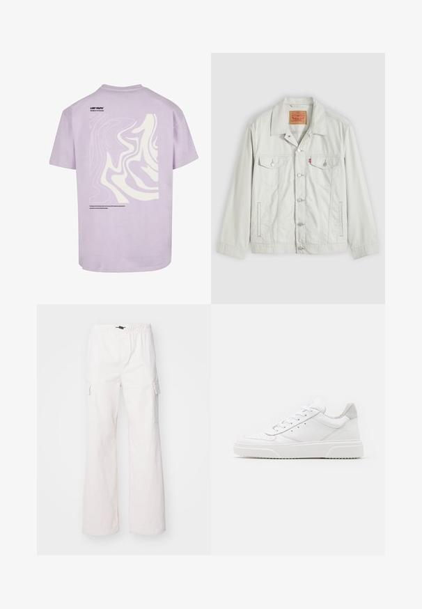 Lysegrå knap-op denimjakke med krave, forlommer med klap, sidelommer og Levi's logo-tag på brystlommen.; Lilla bomulds t-shirt med korte ærmer. Har et stort hvidt abstrakt design på ryggen og "LOST YOUTH" trykt nær halsudskæringen.; Denim Project DPMDPPARACHUTE CARGO PANTS - Cargobukser - jet stream; Hvide lædersneakers med en glat finish, rund tå, flade snørebånd og en struktureret sål. Grå ruskindsdetalje ved hælen.