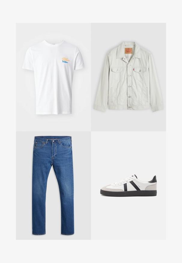Hellgraue Knopf-Denimjacke mit Kragen, vorderen Klappentaschen, Seitentaschen und Levi's-Logoschild an der Brusttasche.; Weißes Baumwoll-T-Shirt mit rundem Halsausschnitt und kurzen Ärmeln. Es verfügt über eine farbenfrohe Grafik mit gelben und blauen Elementen auf der Brust.; Blaue gerade Jeans mit Knopf- und Reißverschluss, fünf Taschen und leichter Ausbleichung an den Oberschenkeln, flach auf einem hellen Hintergrund präsentiert.; Weiße Sneaker mit schwarz- und grau-aczenten, ausgestattet mit einer strukturierten grauen Zehenkappe, schwarzer Gummi-Sohle und flachen weißen Schnürsenkeln. Sauberes Design, minimalistische Stil.