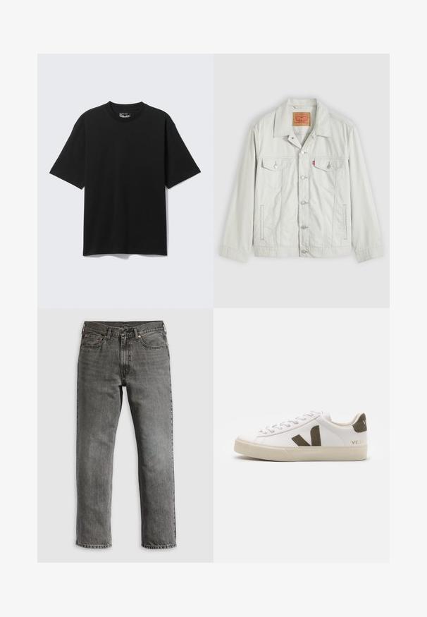 Lichtgrijs denimjack met knopen, kraag, klepzakken aan de voorkant, zijzakken en Levi's-logo op het borstzakje.; Zwart T-shirt met korte mouwen, losse pasvorm en ronde hals, plat afgebeeld op een lichtgrijze achtergrond.; Grijze denim jeans met een rechte pijp, voorzien van vijf zakken, koperen klinknagels en zichtbare stiksels. Klassiek ontwerp met een ritssluiting.; Witte leren sneakers met een lichtbeige rubberen zool. Voorzien van een bruine suède V-logo en hieltab. Gespsluiting met een gestructureerd oppervlak.