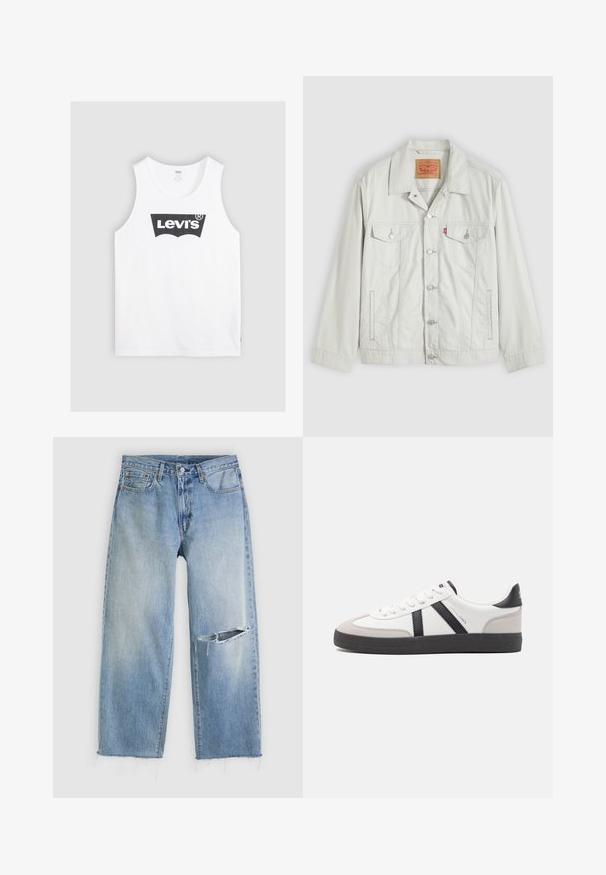 Veste en denim gris clair à boutons, avec col, poches à rabat sur le devant, poches latérales, et étiquette du logo Levi's sur la poche de poitrine.; Débardeur en coton blanc avec un logo Levi's noir au centre. Design simple avec un col rond et de larges emmanchures.; Jeans droits bleu clair avec une grande déchirure horizontale au genou droit et des ourlets effilochés sur un fond blanc.; Baskets blanches avec des accents noirs et gris, présentant un embout texturé gris, une semelle en caoutchouc noir et des lacets plats blancs. Design épuré, style minimaliste.