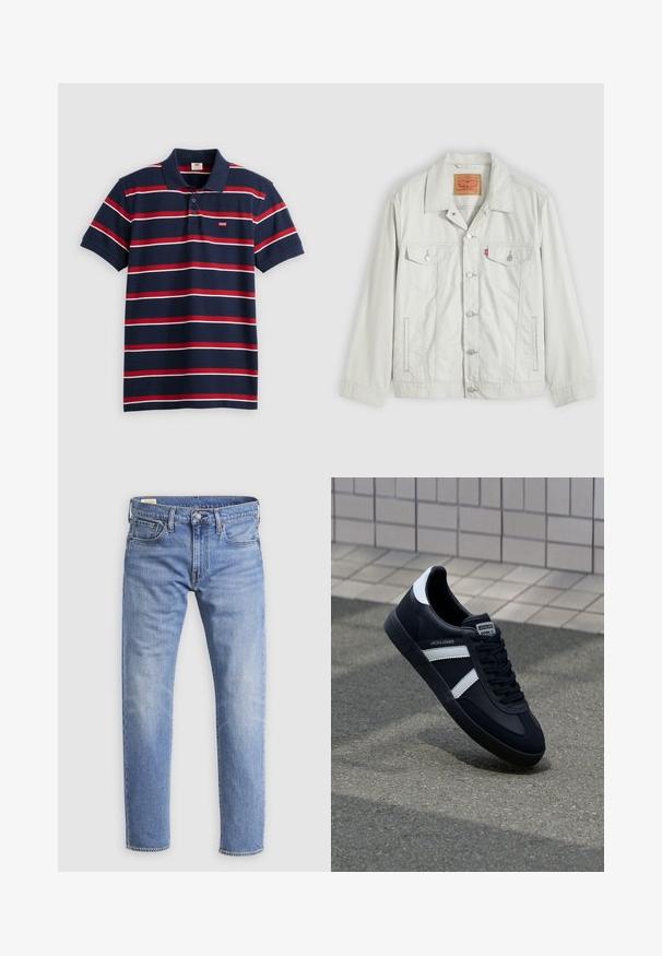 Hellgraue Knopf-Denimjacke mit Kragen, vorderen Klappentaschen, Seitentaschen und Levi's-Logoschild an der Brusttasche.; Navyblaues Poloshirt mit rot-weißen horizontalen Streifen, drei Knöpfen am Kragen und kleinem Levi's-Logo auf der Brust. Aus weichem Baumwollmaterial.; Hellblaue Denim-Jeans mit vorderer Knopfverschlüssen, Gürtelschlaufen und Fünf-Taschen-Design vor weißem Hintergrund.; Schwarze Leder-Sneaker mit weißen Streifen, strukturiertem Gummisohle und Schnürung. Verfügt über ein Markenetikett auf der Zunge.