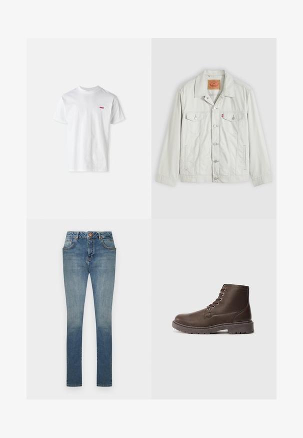 Helehall nuppudega teksajope kraega, esitelgedega taskud, küljetaskud ja Levi'si logo sild rinnataskul.; Valge puuvillane T-särk, millel on ümar kaelus ja lühikesed varrukad, vasakul rinnal on väike punane "OBEY" logo.; Sinised kõrge vöökohaga kitsad teksad ees nööbi ja lukuga, viie tasku disain ja pleekinud pesu reitel ja põlvedel.; Pruun nahast kummiga käimise saabas, millel on paks robustne tald ja metallist silmad, vaade külgedelt heledal hallil taustal.