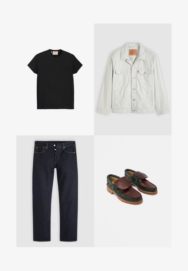 Hellgraue Knopf-Denimjacke mit Kragen, vorderen Klappentaschen, Seitentaschen und Levi's-Logoschild an der Brusttasche.; Schwarzes Baumwoll-T-Shirt mit Rundhalsausschnitt, kurzen Ärmeln und einer Brusttasche auf der linken Seite. Glatte Textur und minimalistisches Design.; Dunkelblaue Jeans mit geradem Bein, Knopfleiste, vorderen und hinteren Taschen sowie Kupfernieten auf hellgrauem Hintergrund.; Lederschuhe mit einem dunkelgrünen Oberteil und einem bordeauxroten oberen Teil, runder Spitze, gesichertem Klappverschluss und einer strukturierten Gummisohle mit Rillen.