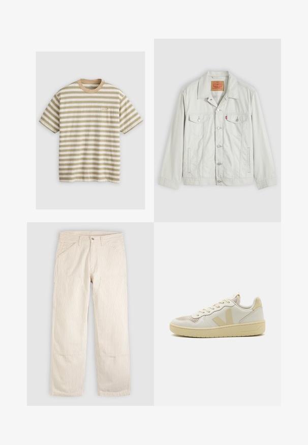 Chaqueta vaquera de mezclilla gris claro con botones, cuello, bolsillos delanteros con solapa, bolsillos laterales y etiqueta del logo de Levi's en el bolsillo del pecho.; Camiseta de manga corta a rayas en beige y verde, con rayas horizontales, un escote redondo y un sutil logo de Levi's en la parte delantera.; Pantalones beige a rayas hechos de algodón con corte recto. Incluyen bolsillos delanteros y cierre de botón. Patrón de líneas verticales en la tela.; Zapatillas beige con una punta de malla texturizada, parte superior de cuero suave y acentos de logotipo en contraste. Suela plana de goma con un diseño elegante.