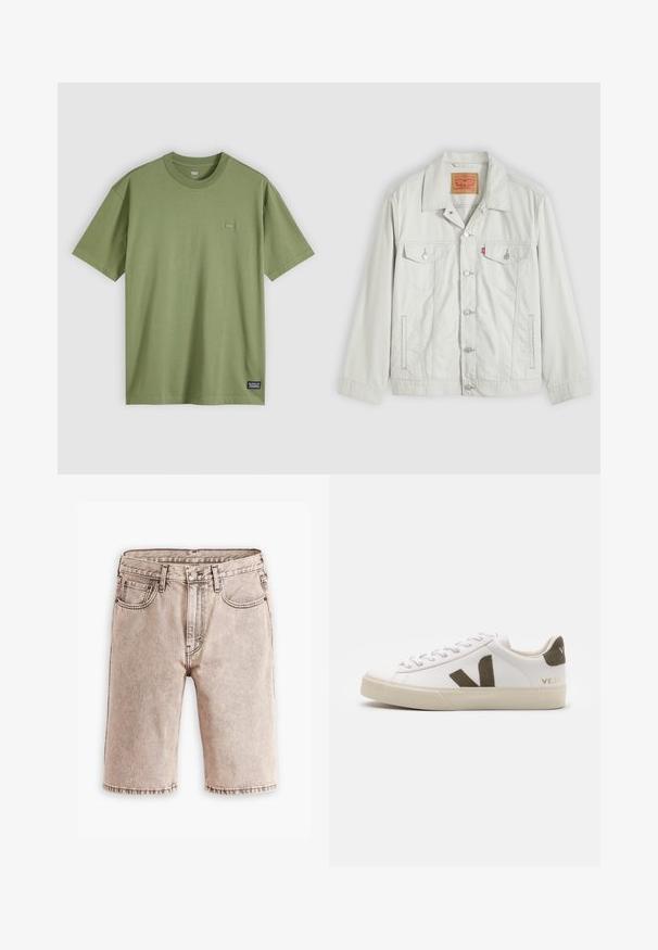 Veste en denim gris clair à boutons, avec col, poches à rabat sur le devant, poches latérales, et étiquette du logo Levi's sur la poche de poitrine.; T-shirt en coton vert olive avec un col rond et des manches courtes. Comprend un petit patch logo discret sur la poitrine et une étiquette de marque tissée à l'ourlet.; Levi's® 469® LOOSE SHORTS - Short en jean - static tv; Baskets en cuir blanc avec une semelle en caoutchouc beige clair. Présentent un logo en V en daim marron et une languette de talon. Fermeture à lacets avec une surface texturée.