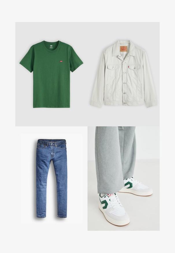 Chaqueta vaquera de mezclilla gris claro con botones, cuello, bolsillos delanteros con solapa, bolsillos laterales y etiqueta del logo de Levi's en el bolsillo del pecho.; Camiseta de algodón verde con cuello redondo, mangas cortas y un pequeño logo rojo de Levi's en el lado izquierdo del pecho. Textura suave, corte estándar.; Vaqueros azules de mezclilla con diseño de pierna recta. Estilo clásico de cinco bolsillos, con detalles de remaches de cobre y dobladillo deshilachado.; Zapatillas blancas y verdes con materiales de cuero liso y ante, que presentan un destacado acento de logo verde y cordones blancos. Pantalones grises parcialmente visibles.