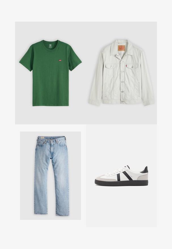 Lysegrå knap-op denimjakke med krave, forlommer med klap, sidelommer og Levi's logo-tag på brystlommen.; Grøn bomulds t-shirt med rund hals, korte ærmer og et lille rødt Levi's-logo på venstre bryst. Blød tekstur, standard pasform.; Lyseblå denim jeans med lige pasform, fem-lomme design, diskret slidmærker og kontrastsyning. Knap- og lynlåslukning.; Hvide sneakers med sorte og grå detaljer, med en tekstureret grå tåhætte, sort gummisål og flade hvide snørebånd. Rent design, minimalistisk stil.