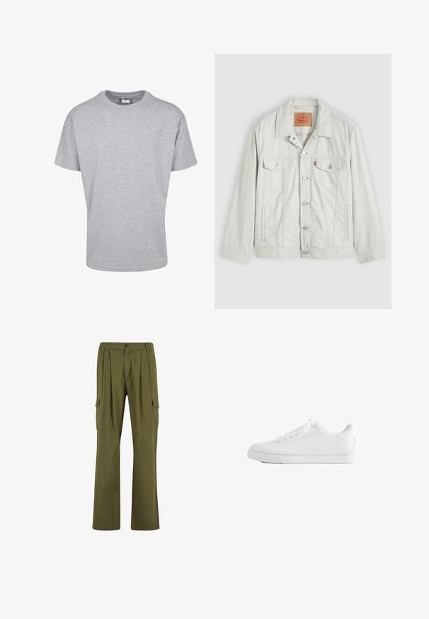 Lysegrå knap-op denimjakke med krave, forlommer med klap, sidelommer og Levi's logo-tag på brystlommen.; Grå bomulds t-shirt med rund halsudskæring og korte ærmer. Simpelt design, ingen mønstre eller accenter. Klassisk afslappet pasform.; Urban Classics WIDE - Cargobukser - lightolive; Hvid lavtop sneakers med snørebånd, glat læderoverdel og flad gummiå sole set fra siden på en hvid baggrund.