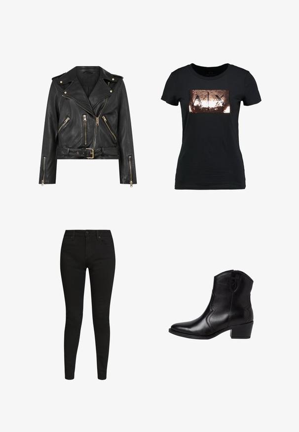 Veste de motard en cuir noir avec un design ajusté, matériel à fermeture éclair doré, plusieurs poches zippées à l'avant et une taille ceinturée. Comprend des épaulettes.; T-shirt noir en tissu doux avec un design rectangulaire en sequins rose gold portant les lettres "AIX" au centre. Manches courtes.; Jean skinny noir en tissu mélangé de coton extensible. Comprend cinq poches, des passants de ceinture et une fermeture zippée. Texture lisse, design classique.; Bottes noires en cuir à bout pointu, avec des coutures latérales courbées et un petit talon carré. Elles sont dotées d'une fermeture éclair et d'une texture lisse.