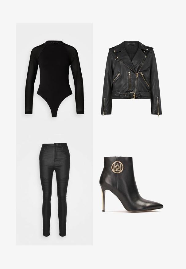 Veste de motard en cuir noir avec un design ajusté, matériel à fermeture éclair doré, plusieurs poches zippées à l'avant et une taille ceinturée. Comprend des épaulettes.; Bodysuit noir à manches longues avec col haut, doté d'un tissu solide sur le torse et de manches en maille transparente, conçu dans une coupe ajustée.; Vero Moda VMSOPHIA SKINNY BIKER COATED - Jeans Skinny - black/coated; Botte de cheville en cuir noir avec un bout pointu, un talon aiguille haut et un accent de logo circulaire doré sur le côté. Texture lisse et design épuré.