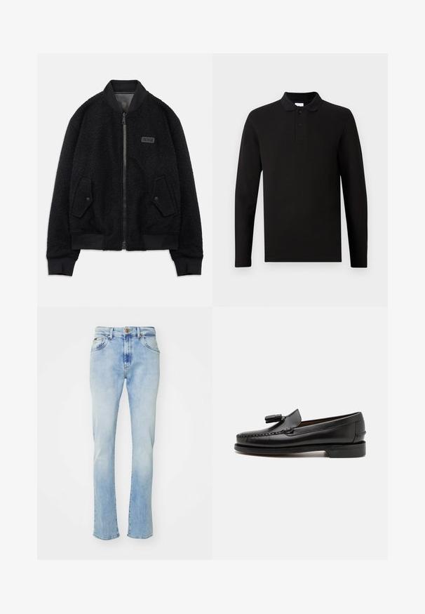 Chaqueta bomber negra hecha de forro polar texturizado, con cierre de cremallera, cuello y puños acanalados, y un parche de logo en el lado izquierdo del pecho.; Camisa polo negra de manga larga con tapeta de dos botones y cuello de canalé, mostrada sobre un fondo liso de color gris claro.; Vaqueros de mezclilla azul claro con corte recto, que cuentan con cinco bolsillos, un cierre de botón y un ligero desvanecimiento en los muslos y el dobladillo.; Mocasines de cuero negro con costuras de mocasín, punta redonda y acento de borlas. Tacón plano con una textura suave, diseñados para uso casual.