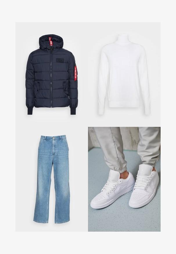 Veste matelassée marine avec un design en coussinets, fermeture éclair à l'avant, capuche ajustable, poches latérales, poignets côtelés et un accent de label rouge proéminent sur la manche.; Pull à col roulé blanc avec des manches longues, fabriqué en tissu lisse. Présente un design ajusté et des poignets et un ourlet côtelés. Pas de motifs ni d'accents.; Jean large en denim bleu clair. Dispose d'une taille haute, d'une fermeture à bouton et d'un design classique à cinq poches. Texture lisse.; Des baskets en cuir blanc présentent une zone de perforation à l'avant, des lacets plats, un col rembourré et le logo Jordan sur la languette. Portées avec un pantalon de jogging gris.