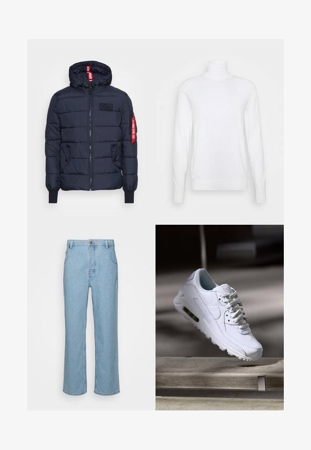 Navy puffer jacket with quilted design, zip front, adjustable hood, side pockets, ribbed cuffs, and a prominent red label accent on the sleeve.; White turtleneck sweater with long sleeves, made of smooth fabric. Features a fitted design and ribbed cuffs and hem. No patterns or accents.; Light blue denim jeans with a straight leg design, featuring a button closure, belt loops, and two front pockets.; White leather sneaker with textured surfaces, padded collar, and visible air cushioning in sole. Features laces and a minimalistic design.