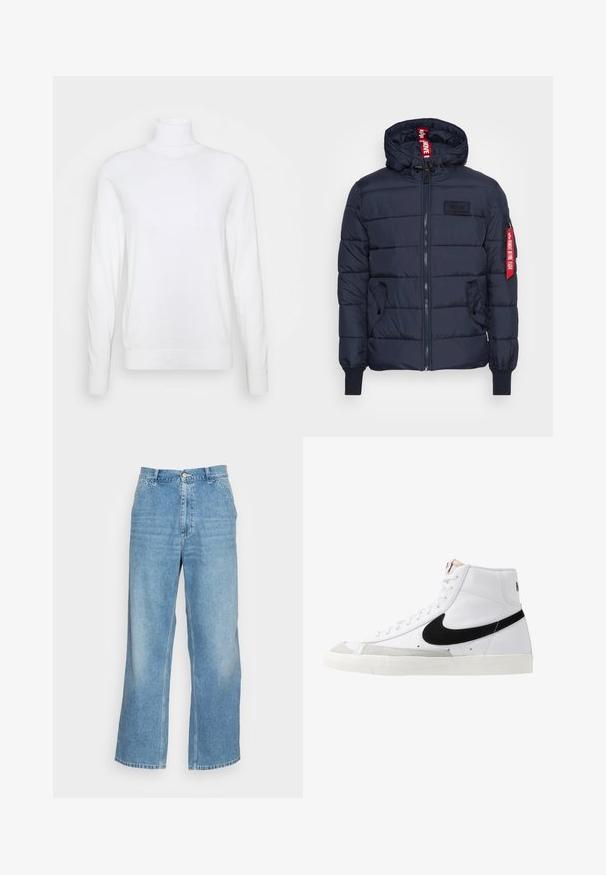 Veste matelassée marine avec un design en coussinets, fermeture éclair à l'avant, capuche ajustable, poches latérales, poignets côtelés et un accent de label rouge proéminent sur la manche.; Pull à col roulé blanc avec des manches longues, fabriqué en tissu lisse. Présente un design ajusté et des poignets et un ourlet côtelés. Pas de motifs ni d'accents.; Jean large en denim bleu clair. Dispose d'une taille haute, d'une fermeture à bouton et d'un design classique à cinq poches. Texture lisse.; Baskets montantes blanches avec un swoosh noir, un capuchon de pied texturé gris et une semelle plate blanche. Elles possèdent six œillets et des accents cousus.