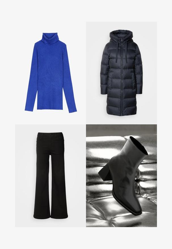 Marc O'Polo Sulemantel - navy; Kuningrubiinist ribidega turtleneck-sweater, valmistatud tekstuurilisest kangast, pika varrukaga ja kokkuvolditava kaelusega, millel on saledat lõiget.; Mustad mustad jalatsid, mis on valmistatud denimkangast, esitades esipocketeid, nööbikinnitust ja sujuvat tekstuuri puhta viimistlusega.; Must musta narmand, läikiva materjali ja ruudukujulise varbaga ning kitseneva kontsaga, paigutatud läikiva hõbedaselt tuftitud tausta ette.