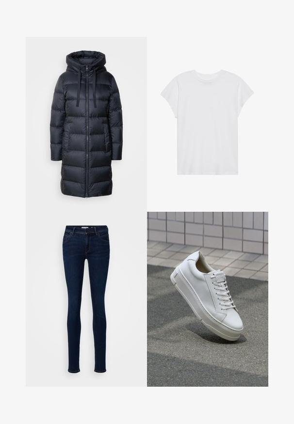 Marc O'Polo Donsjas - navy; Witte t-shirt met korte mouwen, ronde hals, relaxte pasvorm, gemaakt van zacht katoen. Glad textuur, geen patronen of logo's.; Skinny jeans van donkerblauwe denimstof. Bevat vijf zakken, een knoopsluiting en subtiele stikseldetails langs de naden.; Witte leren sneaker met een low-top ontwerp, platte veters, ronde neus en textuur zijden. Dikke rubberen zool met subtiele accenten.