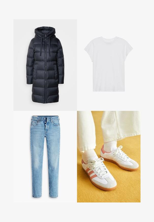 Marc O'Polo Abrigo de plumas - navy; Camiseta blanca de manga corta con cuello redondo, corte relajado, hecha de suave tela de algodón. Textura lisa, sin estampados ni logotipos.; Jeans de denim azul claro con un diseño de pierna recta, estilo de cinco bolsillos y cierre de botón. Presentan áreas deslavadas y efecto de arrugas para dar textura.; Zapatillas deportivas blancas con acentos en rosa, materiales de ante y cuero, punta redonda y suela de goma, mostradas con calcetines de color claro sobre un fondo amarillo.