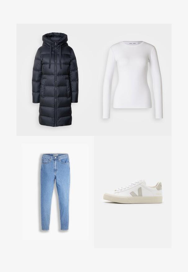 Marc O'Polo Daunenmantel - navy; Weißes Langarmhemd aus geripptem Stoff mit Rundhalsausschnitt und taillierter Form. Keine Muster oder Akzente sind vorhanden.; Hellblaue, hoch-taillierte, schmale Jeans mit vorderen und hinteren Taschen, Knopfverschluss und Gürtelschlaufen auf weißem Hintergrund.; Weiße Sneaker aus Leder mit grauen V-Logo-Akzenten, strukturiertem Gummiabsatz, weißen Schnürsenkeln sowie gepolstertem Zungen- und Knöchelbereich.
