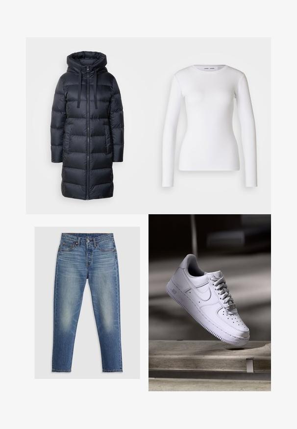 Marc O'Polo Daunenmantel - navy; Weißes Langarmhemd aus geripptem Stoff mit Rundhalsausschnitt und taillierter Form. Keine Muster oder Akzente sind vorhanden.; Hellblaue Denim-Jeans mit geradem Schnitt, fünf Taschen, Knopfverschluss und dezenten Ausbleichungen an den Oberschenkeln. Sichtbare Kontrastnähte.; Weißer Nike Air Force 1 Sneaker schwebt über einer Betonoberfläche mit Schatten in einem minimalistischen Umfeld.