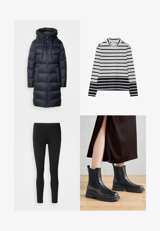 Marc O'Polo Daunenmantel - navy; Langärmliges Oberteil aus Baumwolle, mit horizontalen schwarz-weißen Streifen, hohem Stehkragen und einer entspannten Passform mit seitlichen Schlitzen.; Schwarze Leggings aus elastischem Stoff mit nahtlosem Bund, figurbetontem Design und glatter Textur, geeignet für verschiedene Aktivitäten.; Schwarze Leder-Stiefeletten mit elastischen Seitenpaneelen, groben Gummisohlen und Laschen an der Ferse; kombiniert mit einem dunkelbraunen Midikleid.
