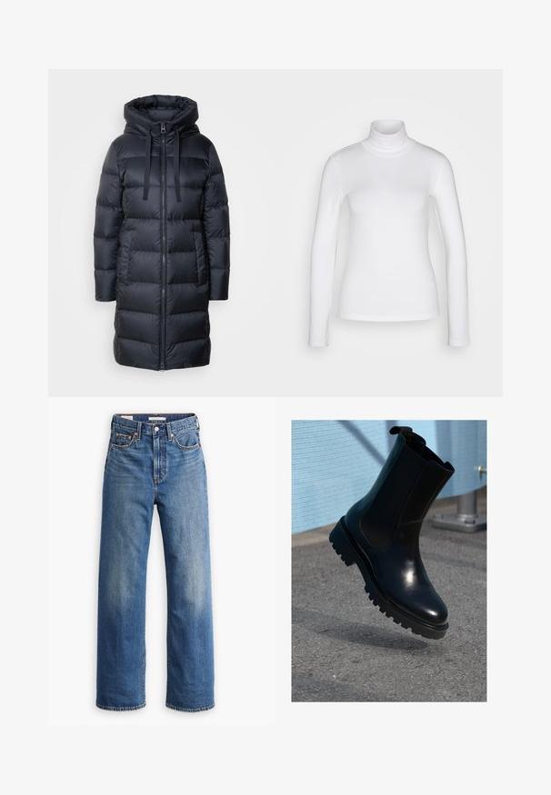 Marc O'Polo Páperový kabát - navy; Biela dlhá rukáv turtleneck košeľa vyrobená z hladkej, pružnej látky. Má priliehavý strih a vysoký golier. Bez viditeľných vzorov alebo akcentov.; Svetlomodré riflové nohavice s vysokým pásom, širokým strihom nohavíc, klasickým štýlom s piatimi vreckami a jemným vyblednutím látky.; Čierna kožená členková čižma s elastickými bočnými panelmi, zaoblenou špičkou a hrubou, texturovanou podrážkou. Hladké prevedenie s minimalistickým dizajnom.