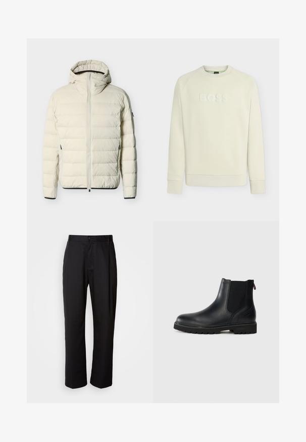Cremefarbene gesteppte Steppjacke mit angenähter Kapuze, Reißverschluss vorne, mit Reißverschluss versehene Seitentaschen und schwarzem Besatz an Bündchen und Saum.; Hellbeiges Sweatshirt mit Rundhalsausschnitt, langen Ärmeln und gerippten Bündchen, mit geprägtem "BOSS" Logo auf der Brust.; Schwarze Hosen mit geradem Schnitt, aus leichtem Stoff gefertigt. Verfügt über einen vorderen Knopfverschluss und zwei seitliche Taschen; glatte Textur.; Schwarze Leder-Stiefelette mit elastischen Seiteneinsätzen, runder Spitze und einer robusten Gummisohle mit tiefem Profil für optimalen Halt.