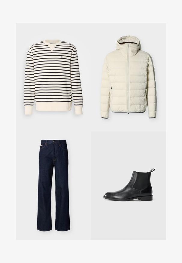 Doudoune matelassée couleur crème avec capuche attachée, fermeture éclair frontale, poches latérales zippées et bordures noires aux poignets et à l'ourlet.; Sweatshirt à manches longues avec un design en V. Présente des rayures alternées bleu marine et crème, ainsi qu'un petit logo brodé sur la poitrine. Matière en mélange de coton.; Jean droit en denim bleu foncé avec design à cinq poches et fermeture par boutons, présenté sur un fond clair uni.; Bottine en cuir noir avec des panneaux latéraux élastiques, bout rond et tirette. Texture lisse, semelle plate, design minimaliste.