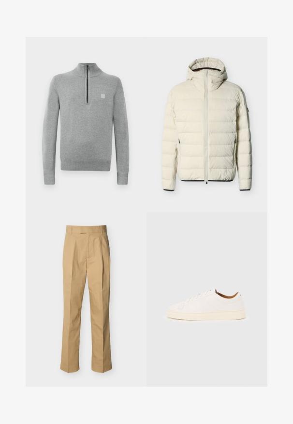 Chaqueta acolchada color crema con capucha adjunta, cremallera frontal, bolsillos laterales con cremallera y ribete negro en los puños y el dobladillo.; Suéter gris de cuello alto con cremallera. Presenta mangas largas, puños acanalados y un pequeño parche de logo en el pecho. Textura de punto suave.; Pantalones beige hechos de algodón suave con cintura alta, con pliegues en la parte delantera y piernas rectas. Sin herrajes visibles ni patrones.; Zapatilla blanca de corte bajo con diseño de cordones, detalles mínimos de costuras y suela color crema sobre un fondo gris claro.