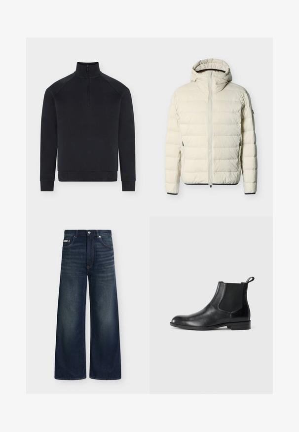Doudoune matelassée couleur crème avec capuche attachée, fermeture éclair frontale, poches latérales zippées et bordures noires aux poignets et à l'ourlet.; Pull noir à manches longues avec demi-fermeture éclair devant, col montant, poignets et bas côtelés, présenté sur fond blanc.; Jean en denim bleu foncé à jambes larges avec poches avant, passants de ceinture, fermeture par boutons et légère décoloration sur les cuisses et les genoux.; Bottine en cuir noir avec des panneaux latéraux élastiques, bout rond et tirette. Texture lisse, semelle plate, design minimaliste.