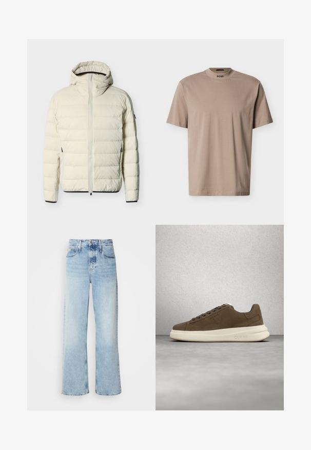 Flødefarvet quiltet dunjakke med fast hætte, frontlynlås, lynlåslommer i siderne og sort kant ved manchetter og kant; Beige T-shirt med korte ærmer og høj rund hals med "BOSS"-branding på kraven. Fremstillet af blødt stof med en glat tekstur.; Lysblå vide jeans med høj talje, der har en falmet finish, bæltestropper og klassisk fem-lomme design. Kantene er rå.; Brune ruskinds sneakers med en cremet gummisål, flade snørebånd og et logo på siden. Letvægtsdesign og glat tekstur.