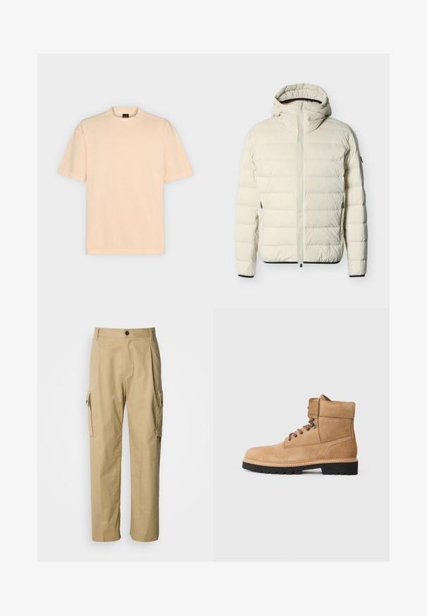 Doudoune matelassée couleur crème avec capuche attachée, fermeture éclair frontale, poches latérales zippées et bordures noires aux poignets et à l'ourlet.; T-shirt beige uni à manches courtes avec col rond et étiquette BOSS à l'intérieur du col arrière, présenté sur un fond gris clair.; Pantalon cargo beige en tissu résistant, avec une coupe décontractée, des poches latérales et une fermeture par bouton à la taille.; Bottine beige en suède avec un bout rond, un laçage sur le devant et des lacets à motifs. Elle présente un col texturé et une semelle en caoutchouc noir avec un relief.