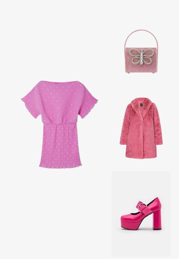 Roze faux fur jas met een sjawlkragen en lange mouwen. Kenmerkt zich door een zachte textuur en een open voorkant ontwerp. Ideaal voor casual gebruik.; Roze geplooide jurk met korte fladdermouwen, versierd met zilveren stippen en een elastische taille voor een ontspannen pasvorm.; LAMODA FORGET ME PLATFORM - Hoge hakken - fuchsia; Roze sprankelende handtas met een opvallend vlinderontwerp en strassteentjes, rechthoekige vorm en een platte handvat.