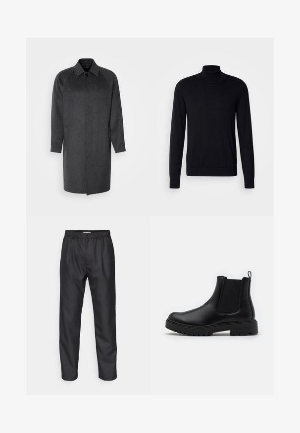 Isaac Dewhirst RAGLAN COAT - Κλασικό παλτό - dark grey; Μαύρο πουλόβερ τύπου τζάκετ με απαλή υφή. Διαθέτει μακριά μανίκια, ριμπ καρώ και μανσέτες, με λεία υφή και χωρίς μοτίβα.; Μαύρο παντελόνι από λείο ύφασμα, με ελαστική μέση, πτυχώσεις μπροστά και ίσια ποδιά. Απλός σχεδιασμός χωρίς ορατά σχέδια.; Zign by Zalando LEATHER - Κλασικές μπότες αστραγάλου - black