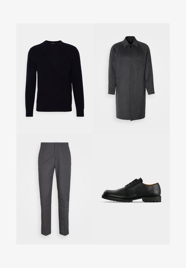 Isaac Dewhirst RAGLAN COAT - Klasický kabát - dark grey; Tmavo modrý sveter s kruhovým výstrihom, dlhými rukávmi, vyrobený z mäkkého materiálu. Má hladkú textúru a klasický strih, bez viditeľných vzorov alebo akcentov.; Šedé nohavice s rovnými nohami, vyrobené z hladkého materiálu, s pútkami na opasok a čistým predným dizajnom, vhodné na formálne aj neformálne nosenie.; Čierna kožená elegantská šnurovacia topánka s hrubou, ryhovanou podrážkou a nízkym podpätkom zobrazená na bielom pozadí.